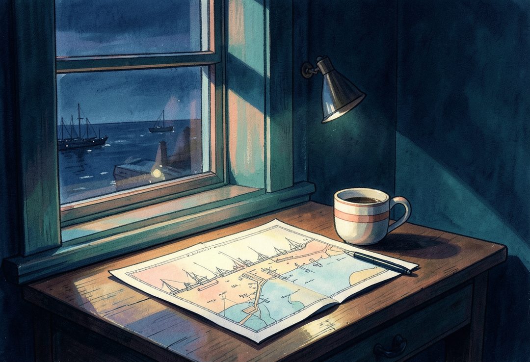 A gouache painting of a desk by a window at night — a lamp, charts, and a mug of coffee.